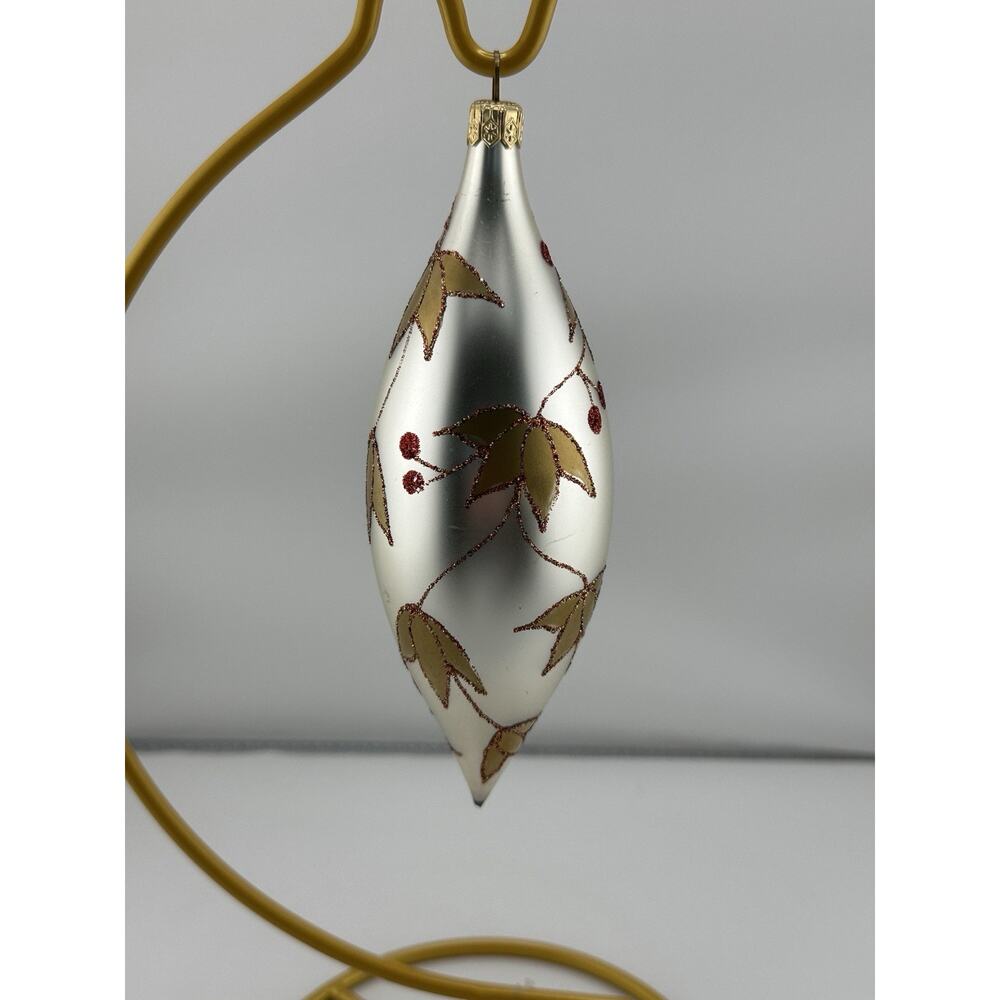 Vintage Hand Blown Glass Christmas Ornament Silver w/ Gold Leaves Berries 7" - Picture 3 of 5